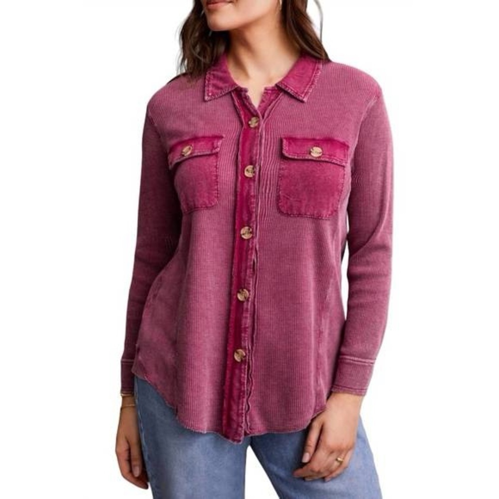 Waffle Knit Burgundy Button Up Top Size L Casual Distressed Texture Casual Wear